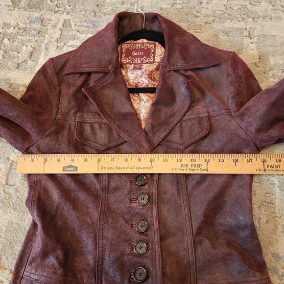 Guess Leather Jacket Burgundy With Black Metallic Shine Size Small - Picture 15 of 17